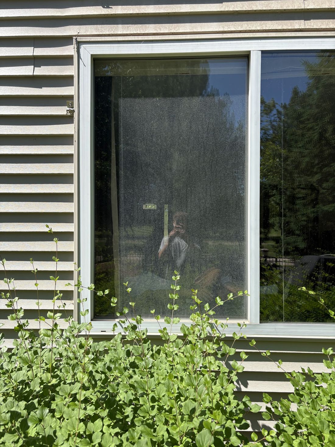 Exterior residential window glass hazy and filmy before professional window washing